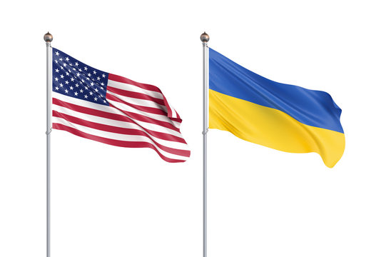 Two waving flags. United States of America flag, isolated on white. 3d Illustration.