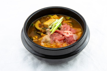 Soybean Paste Stew with Beef Brisket which is called Cadobagi Doenjan Jjigae in Korean