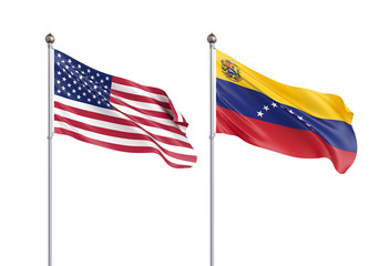 Two waving flags. United States of America flag and Venezuela, isolated on white. 3d Illustration.
