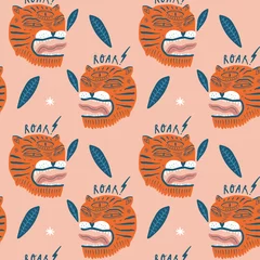 Fotobehang Vector doodle naadloze pastel patroon met schattige tijgers. Tropische katten achtergrond. Boho behang © Knstart Studio