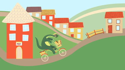 Cute dinosaur riding a bicycle, mail delivery in cartoon town, vector illustration. Dino postman cycling, flat style houses, courier cartoon character. Funny prehistoric creature, dino children story