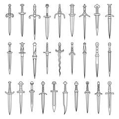 Set of simple monochrome vector images of medieval daggers and dirks drawn by lines.