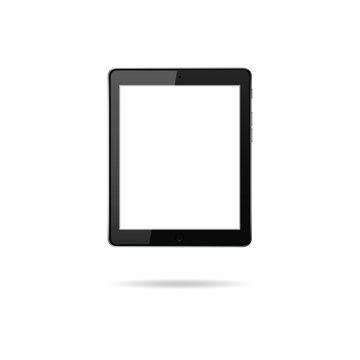 Realistic black tablet with blank touchscreen isolated on white background. Modern PC device. Vertical mockup gadget. Smart electronic concept. Empty digital display for app. Phone connection. Vector