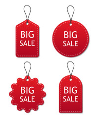 Set of red sale tags and labels isolated on white background. Banner of discount or price tags is marketing. Shopping coupon, sticker, bookmark, ribbon, invitation with stitches. Trendy store. Vector