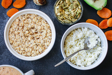 breakfast (oatmeal porridge, dairy products and more, snack) menu concept background. top view. copy space