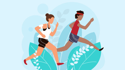 Obraz premium Running people, athletic man and woman cartoon characters, vector illustration. Active lifestyle, healthy sport activity, male and female runner. Athletic people jogging, run marathon, cardio exercise