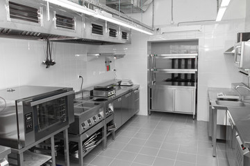 Design of the working area of the commercial cafe kitchen with stainless steel equipments, hot...