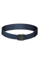 Subject shot of a navy blue canvas belt fitted with a black metal buckle and a black belt loop. The webbing belt is isolated on the white background.