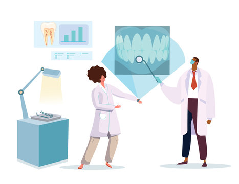 Dentist and nurse looking at x ray picture of healthy teeth, vector illustration. Modern dental clinic, cartoon characters doctor and medical assistant. Dentistry office, healthcare consultation