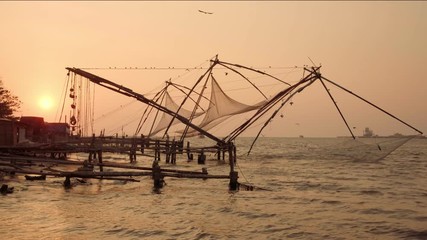 Chinese fishing net at sunrise in Cochin, Kerala, India
