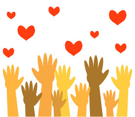 Hands of various people are raised up on a white background. Vector illustration.