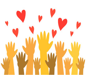 Hands of various people and hearts on a white background. Vector illustration.
