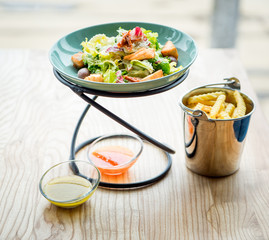 Different dishes on the table in a cafe, restaurant interior