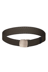 Subject shot of a black canvas belt decorated with a golden metal buckle and thin yellow dots print. The webbing belt is isolated on the white background.