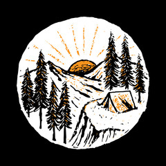 Camp Hike Nature Wild Line Graphic Illustration Vector Art T-shirt Design