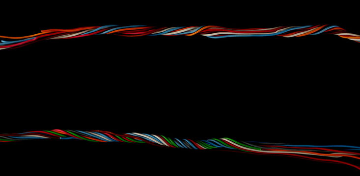 Telecommunication network cables, wires isolated on black background