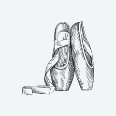 Hand-drawn sketch of pointe shoes on white background. 