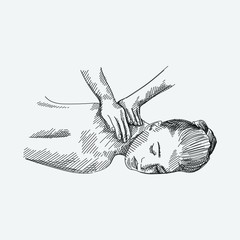 Hand-drawn sketch of spa back massage on white background. Woman being massaged by masseuse. - 323663510