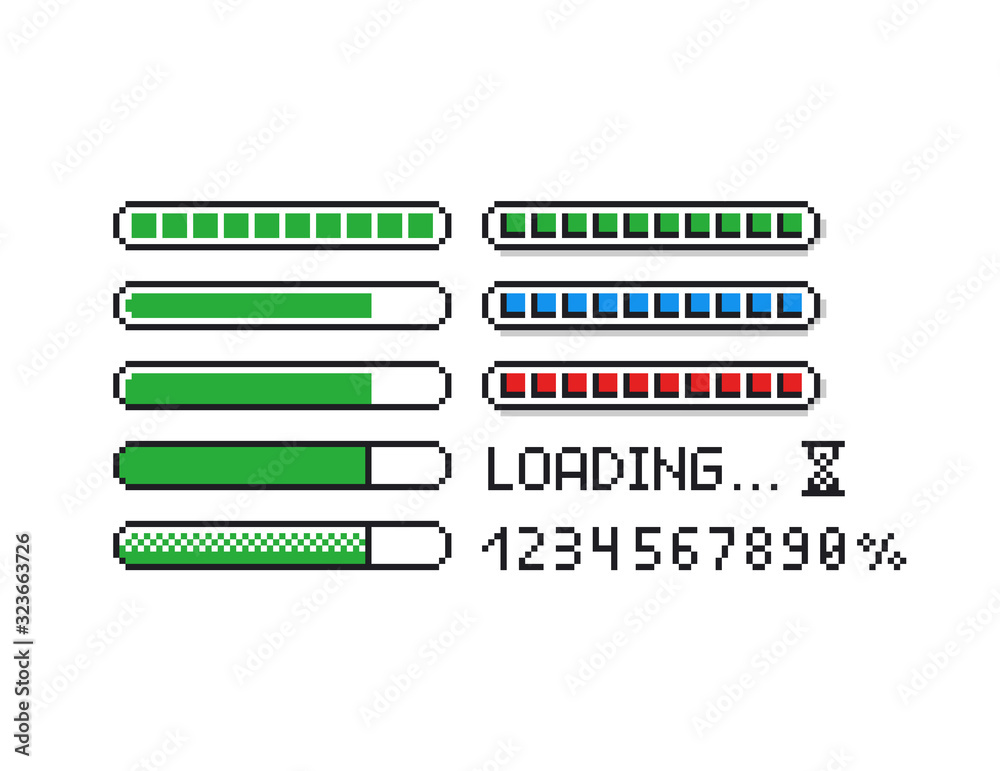 Fototapete pixel art vector illustration set - 8 bit retro style loading indicator bars, percent numbers, loadi