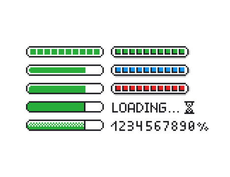 Pixel art vector illustration set - 8 bit retro style loading indicator bars, percent numbers, loading text