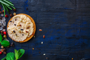 cod roe (seafood semi-finished, caviar codfish) menu concept. background. top view. copy space