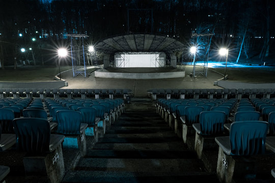 Empty Outdoor Concert Stage At Night In A City Park