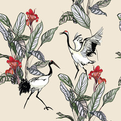 Seamless Pattern Hand drawn Illustration Dancing Couple of Birds in Red Hibiscus Flowers and Tropical Leaves