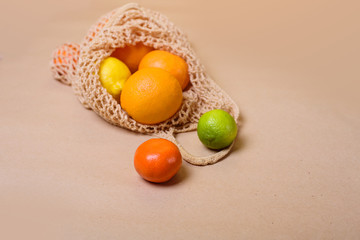 Fresh lemon, oranges, grapefruit and lime in string bag.
