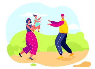 Happy family together, mother, father and daughter, vector illustration. Parents and child playing outdoors, happy people cartoon characters. Cheerful young family having fun together, mom and dad