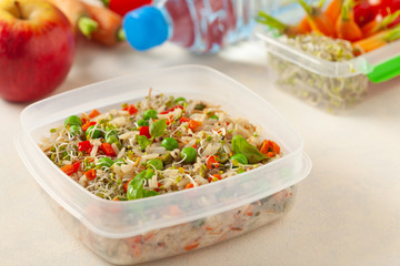 Trendy lunch with rice and vegetables. Served in a portable box on a bright painted background. Perfect for work or school. Front view.