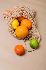 Fresh lemon, oranges, grapefruit and lime in string bag.