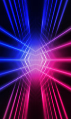 Fototapeta na wymiar Background of empty stage show. Neon blue and purple light and laser show. Laser futuristic shapes on a dark background. Abstract dark background with neon glow