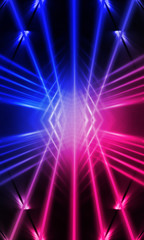 Background of empty stage show. Neon blue and purple light and laser show. Laser futuristic shapes on a dark background. Abstract dark background with neon glow