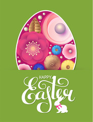 Happy Easter flyer template with egg, flowers and lettering.