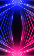 Fototapeta na wymiar Background of empty stage show. Neon blue and purple light and laser show. Laser futuristic shapes on a dark background. Abstract dark background with neon glow