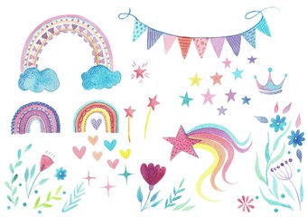 Watercolor set of cute children's illustrations - rainbow, su,clouds,polka dot. cartoon collection perfect for nursery print and poster design. Watercolor
