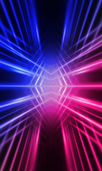 Background of empty stage show. Neon blue and purple light and laser show. Laser futuristic shapes on a dark background. Abstract dark background with neon glow