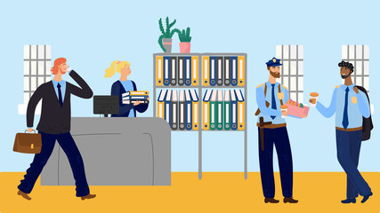 Coffee break at police station, officers eating doughnuts, vector illustration. Secretary in police department sorting folders while policemen in uniform drink coffee. Smiling cartoon characters