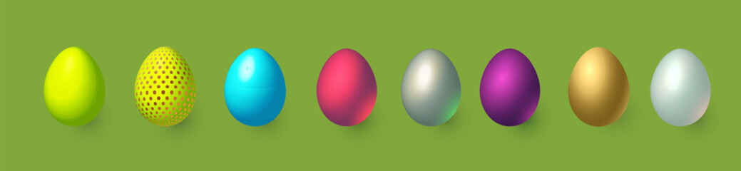 Realistic Easter eggs 3D set. Holiday decoration.