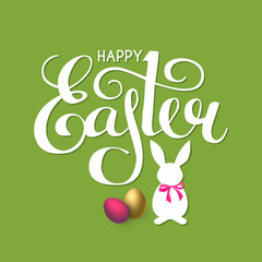 Happy Easter lettering with bunny , eggs and bow.