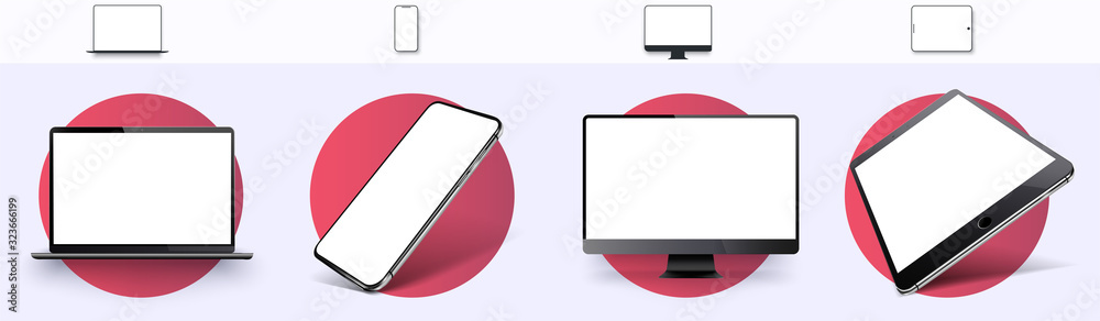 Poster realistic set of monitor, laptop, tablet, smartphone, rotated position. side and top view. mockup ge