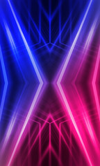 Background of empty stage show. Neon blue and purple light and laser show. Laser futuristic shapes on a dark background. Abstract dark background with neon glow