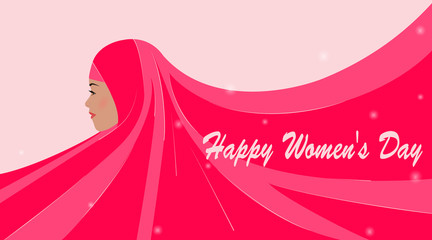 International Women's Day. Greeting card with beautiful silhouette of an arab woman. Emirati womens day. Pink hijab is developing, place for text. Advertising, poster, vector illustration.