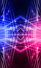 Background of empty stage show. Neon blue and purple light and laser show. Laser futuristic shapes on a dark background. Abstract dark background with neon glow