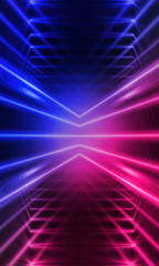Background of empty stage show. Neon blue and purple light and laser show. Laser futuristic shapes on a dark background. Abstract dark background with neon glow