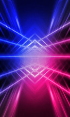 Background of empty stage show. Neon blue and purple light and laser show. Laser futuristic shapes on a dark background. Abstract dark background with neon glow