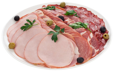 Plate with sliced meat and sausage. Isolated on a white background.