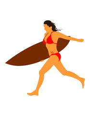 Woman goes surfing with surfboard. Surf vintage image. Vector illustration.