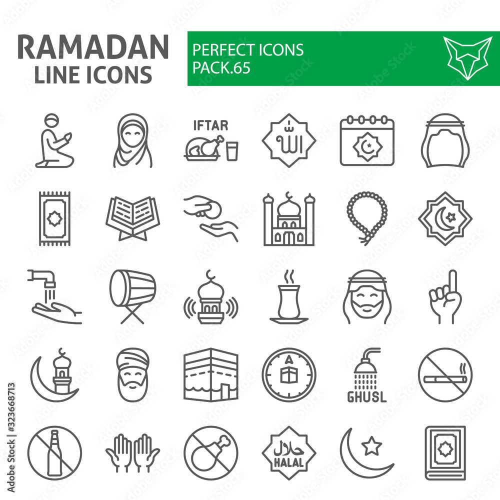 Wall mural ramadan line icon set, islamic holiday symbols collection, vector sketches, logo illustrations, isla