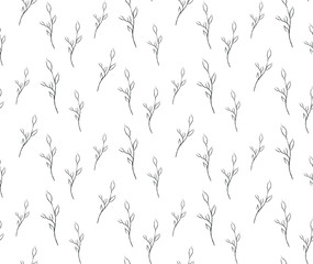 Vector Hand Drawn Line Drawing Doodle Floral Seamless Pattern with Wildflowers, Plants, Branches, Leaves. Design Elements Illustration. Branding. Swatch